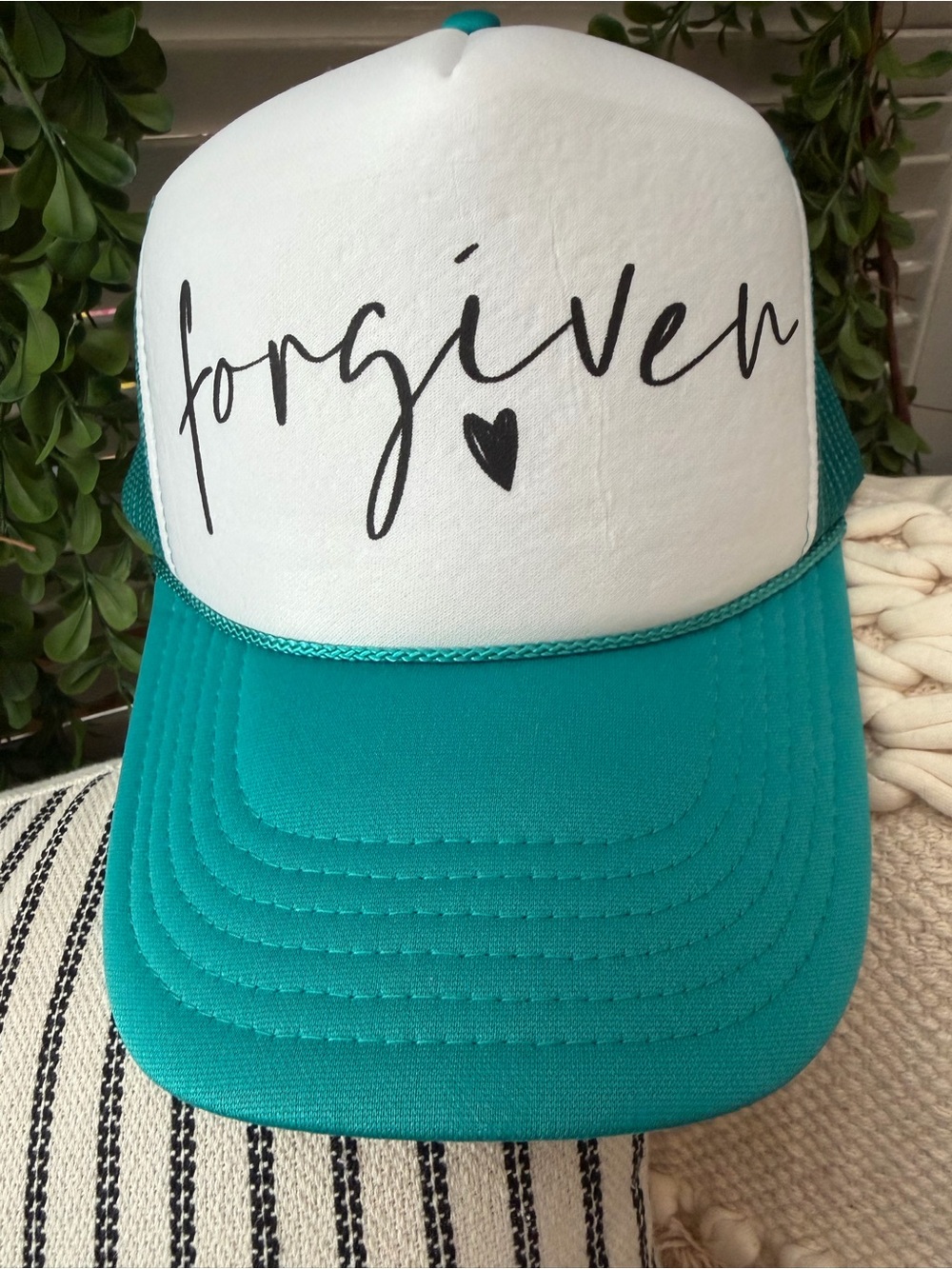 OTTO Teal & White 'forgiven' Script Mesh Trucker Hat